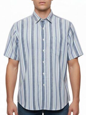 Club Room Linen Blend Shirt Striped Blue Short Sleeve XL